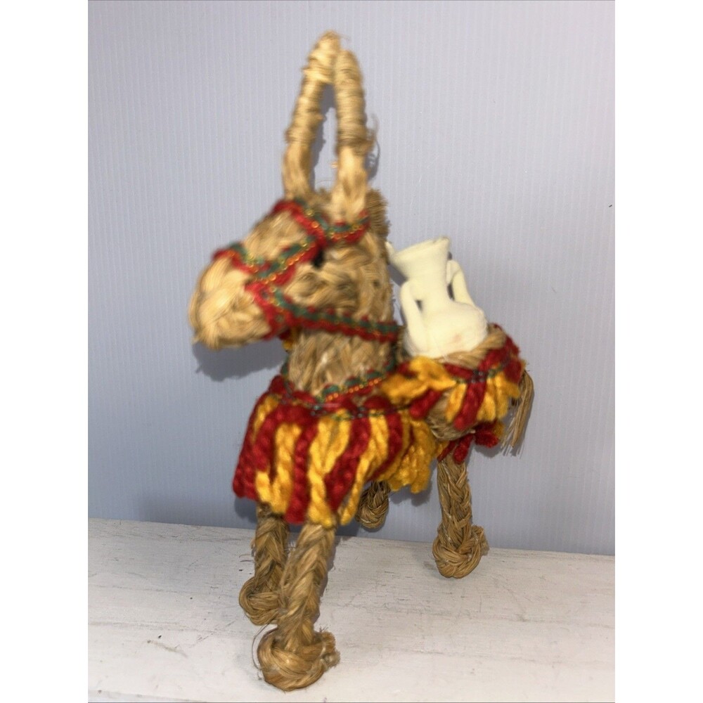 Mexican Woven Straw Donkey Burro w/Clay Pots- Pack Mule Figure Vintage Decor